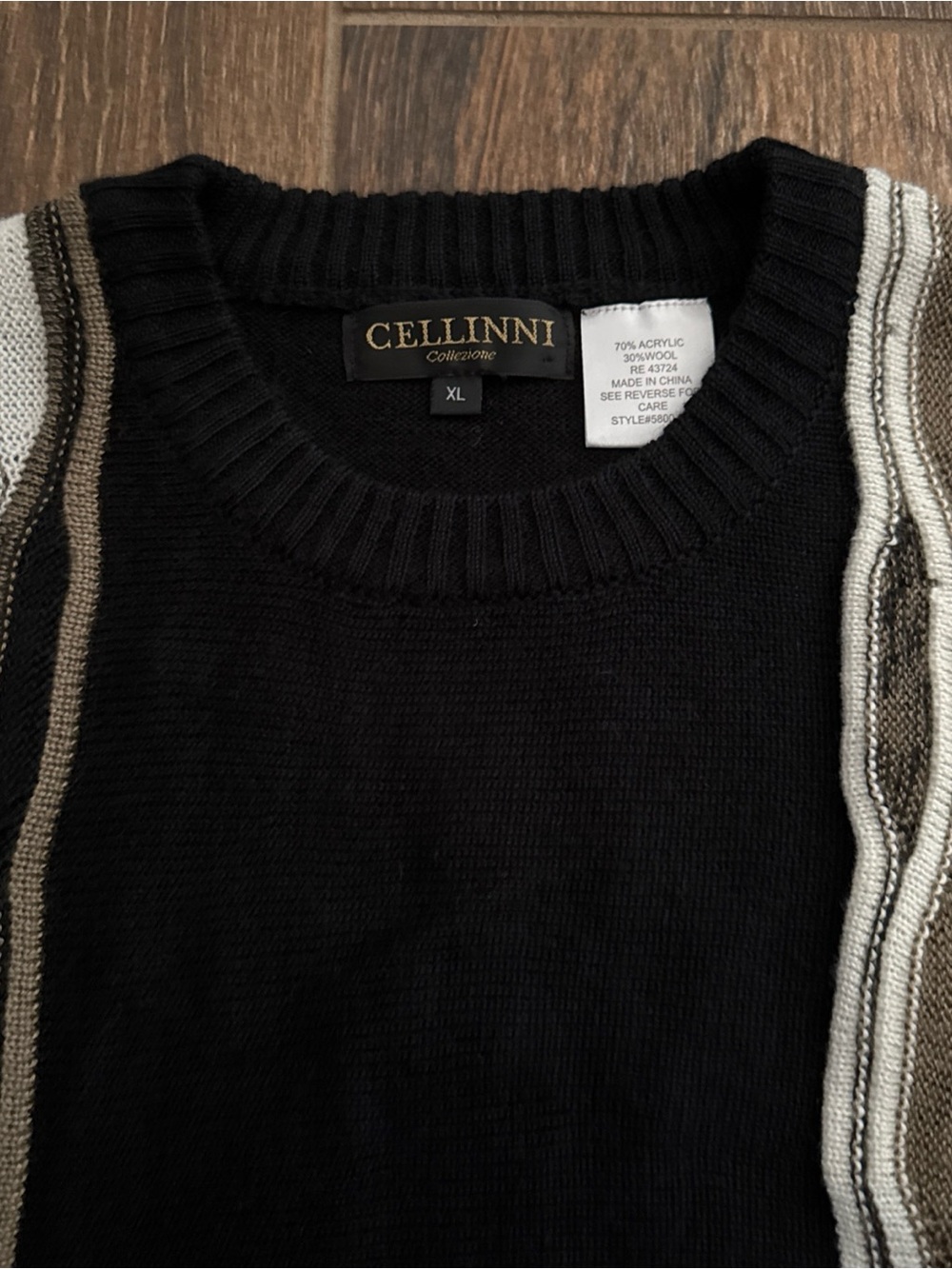Black Crewneck Sweater with Brown and Cream Stripes - Picture 2 of 3